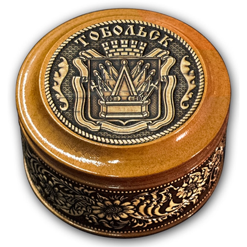 Шкатулка деревянная круглая с накладками из бересты Тобольск-Герб 70х46